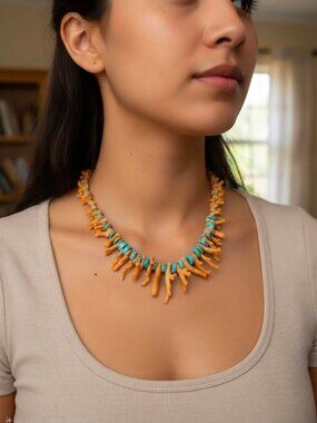 Natural Rare Orange Branch Coral with Turquoise Necklace